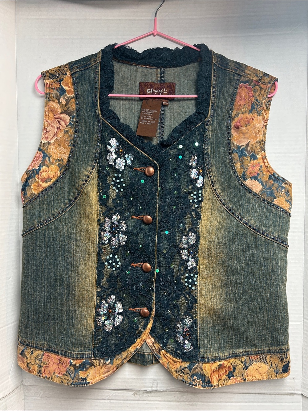 Chagall Denim Floral Embellished Vest in Green and Gold